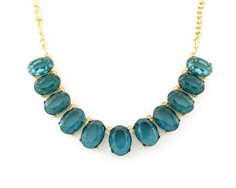 Gold Tone Transparent Dark Green Statement Necklace and Earrings
