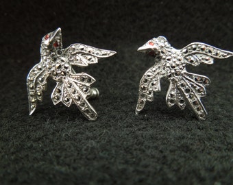 Vintage Silver Earrings With Marcasites, Birds, Screw Back Type, Beautiful and Unusual. Excellent Condition.