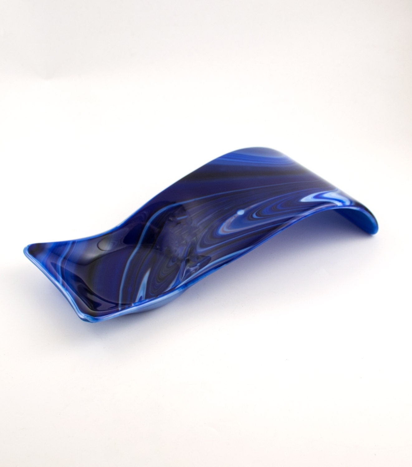 Unique Fused Glass Spoon Rest Cobalt Blue Swirls Modern