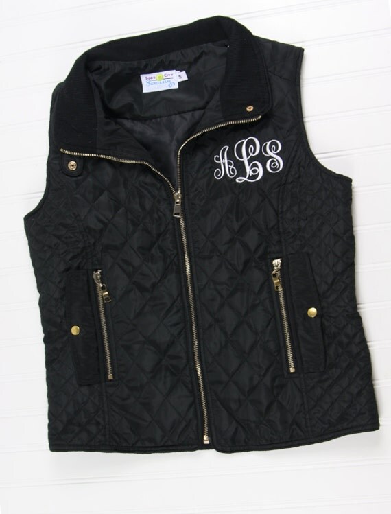 Women's Quilted Vest Ladies Monogram Vest Black Puffer