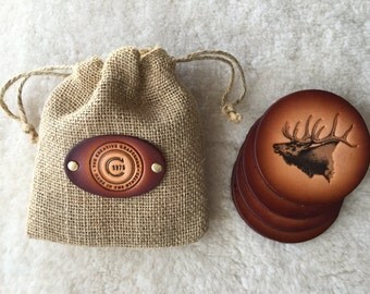 Leather Elk Coaster set of 4 with Gift Bag