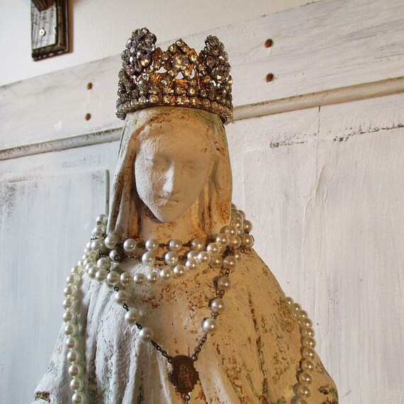 Virgin Mary statue w/ rhinestone crown white French farmhouse