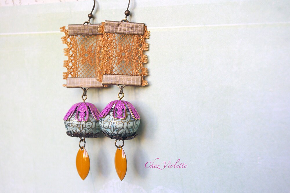 Lace Victorian Mustard Mint Earrings Romantic Fiber Jewelry