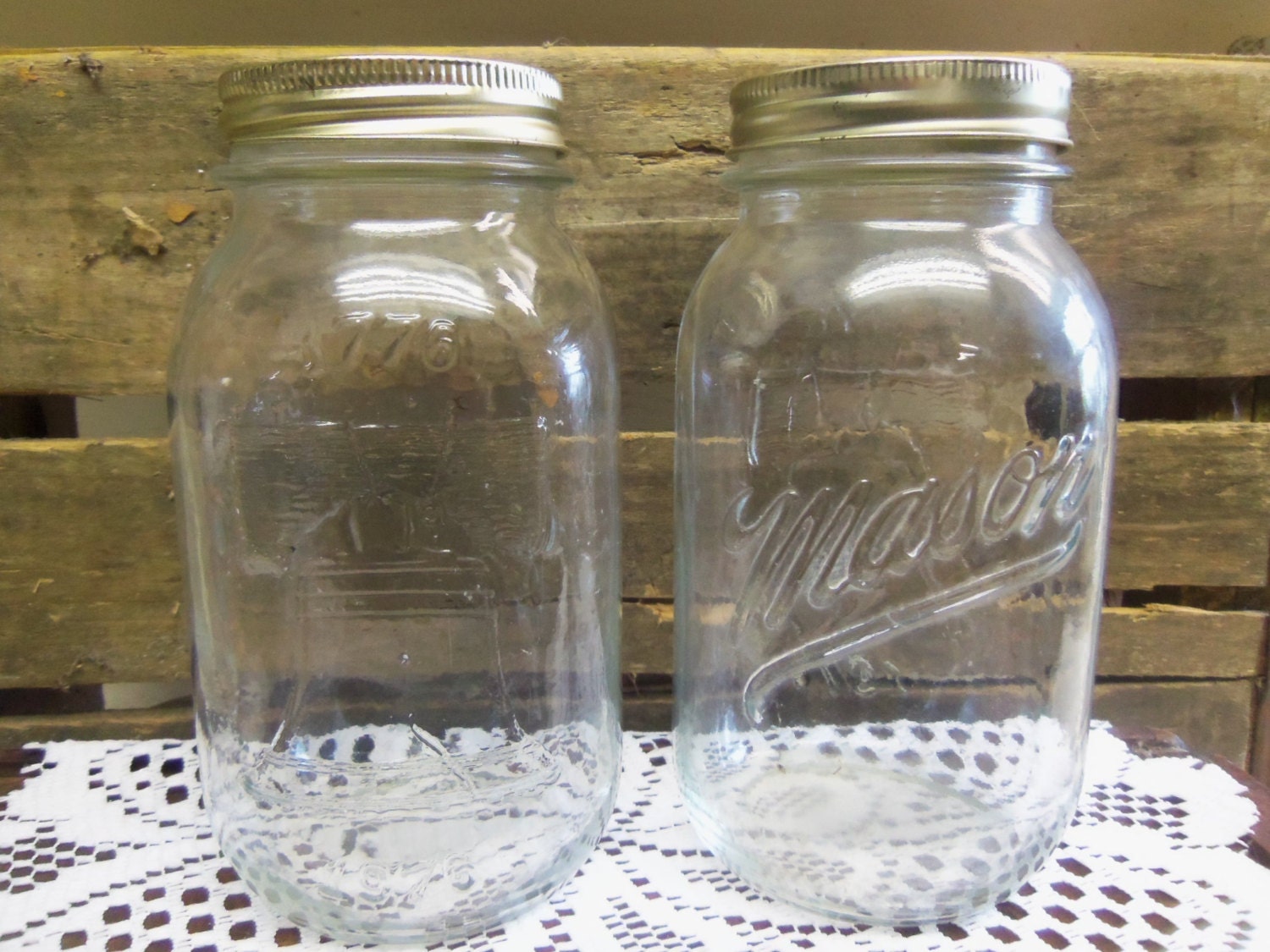 2 Vintage Bicentennial Mason Jars Clear Quart by CatfishJarRescue