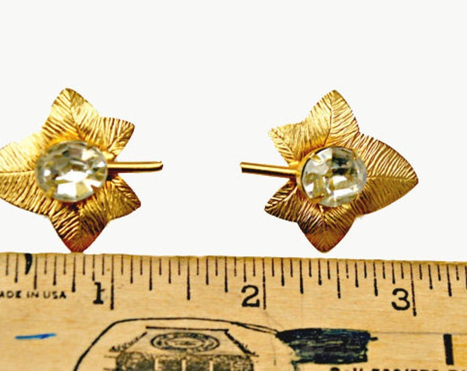 Leaf Earrings - Gold -Clear Crystal -Rhinestone -clip on earring