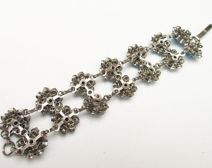 Blue Link Bracelet double strand of Rhinestone flower mid century light baby blue rhinestone bracelet