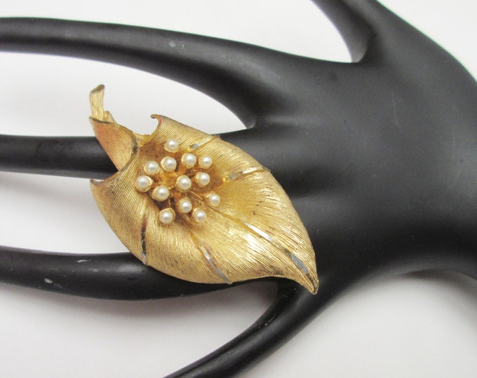 Vintage Leaf Brooch - signed BSK- faux Pearl brushed gold Pin - white gold