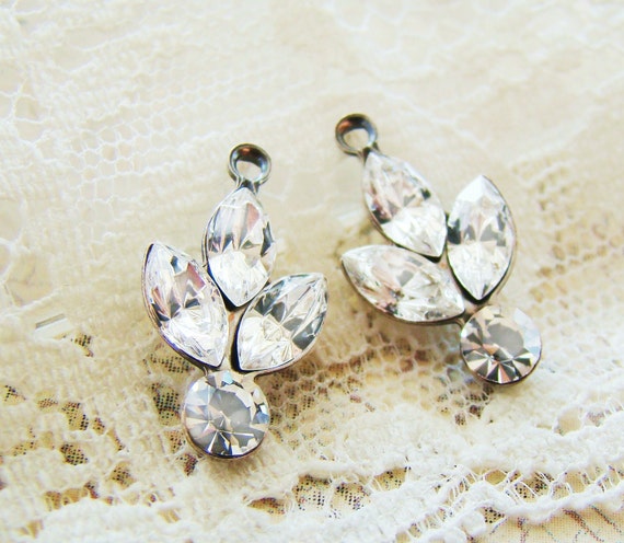 Swarovski Crystal Rhinestone Flower Leaf Drops Antiqued Silver