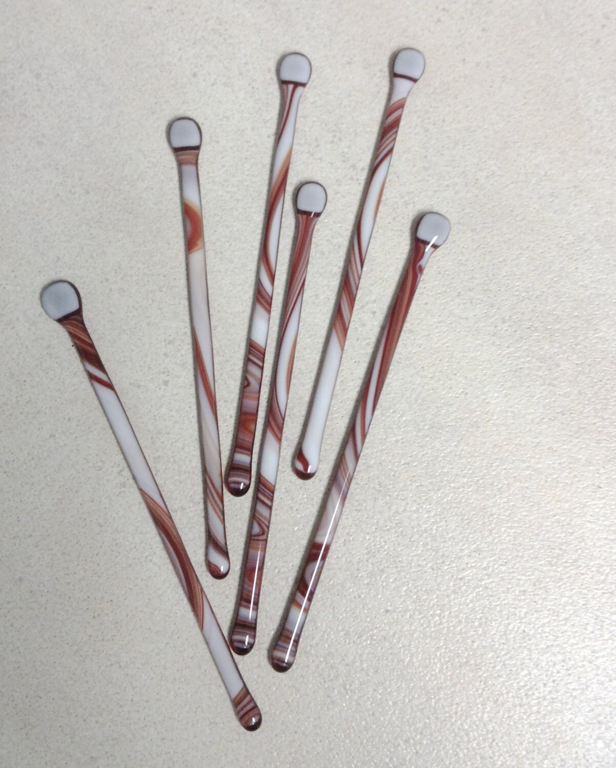 Set of 6 Swizzle Sticks Fused Glass Red and White