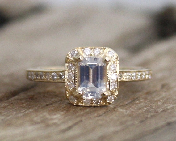Emerald Cut White Sapphire Diamond Halo Ring in 14K by Studio1040