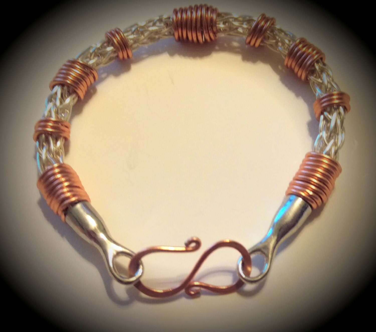 Handmade Viking Knit Bracelet / Wrist Torc Silver w/ Copper