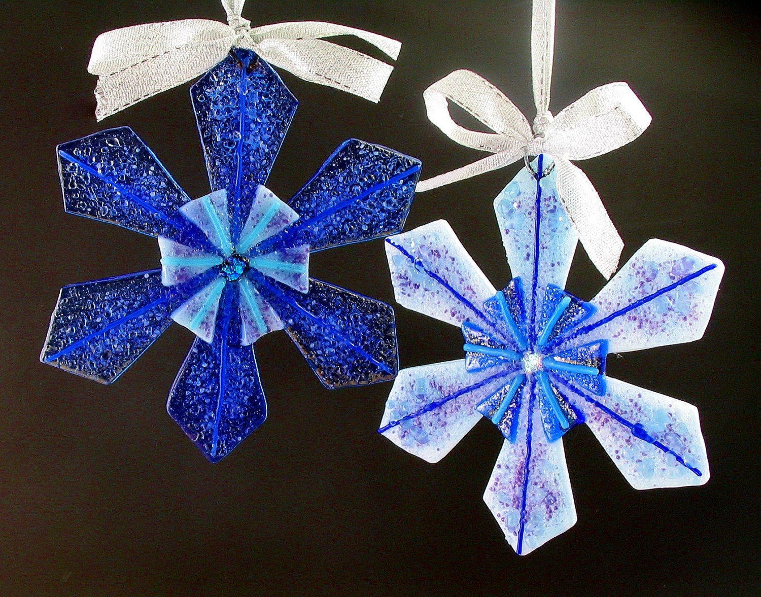 Fused Glass Snowflake Ornaments by oneeyedcatglass on Etsy