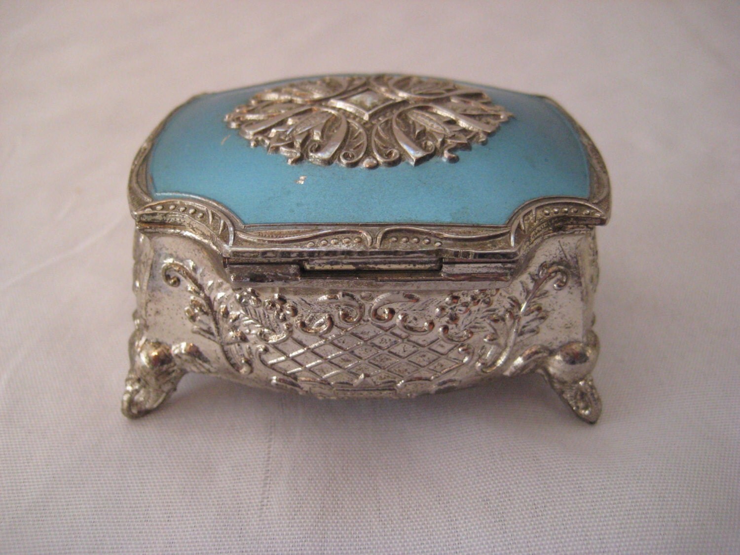 Silver metal keepsake box, ring box, ornate and decorative, pretty blue