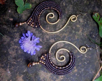 tiger eye macrame earrings, dark brown tribal jewelry