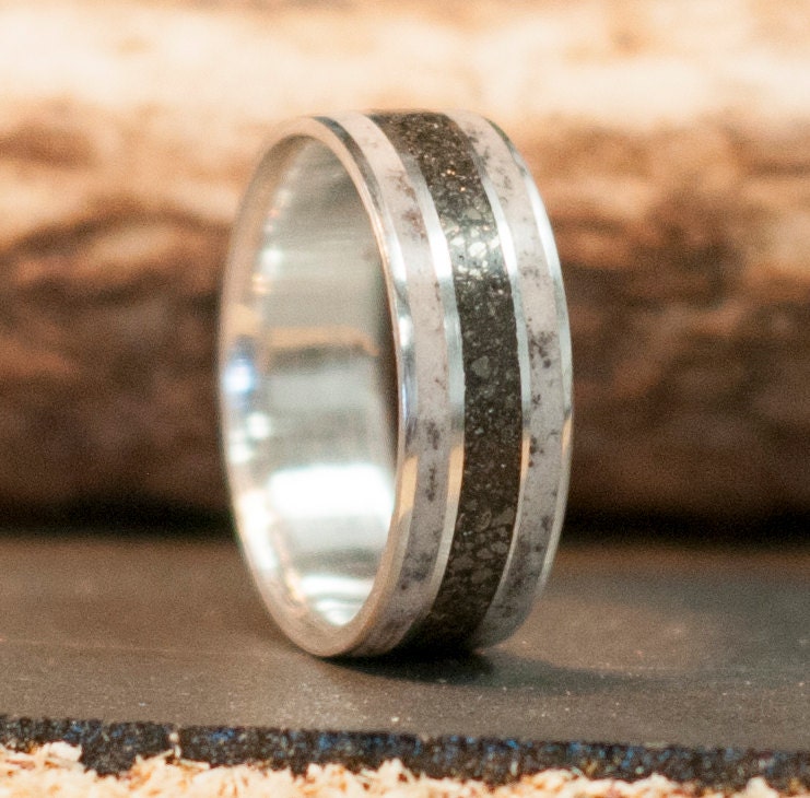 Mens Wedding Band Antler & Iron Ore Ring Staghead Designs