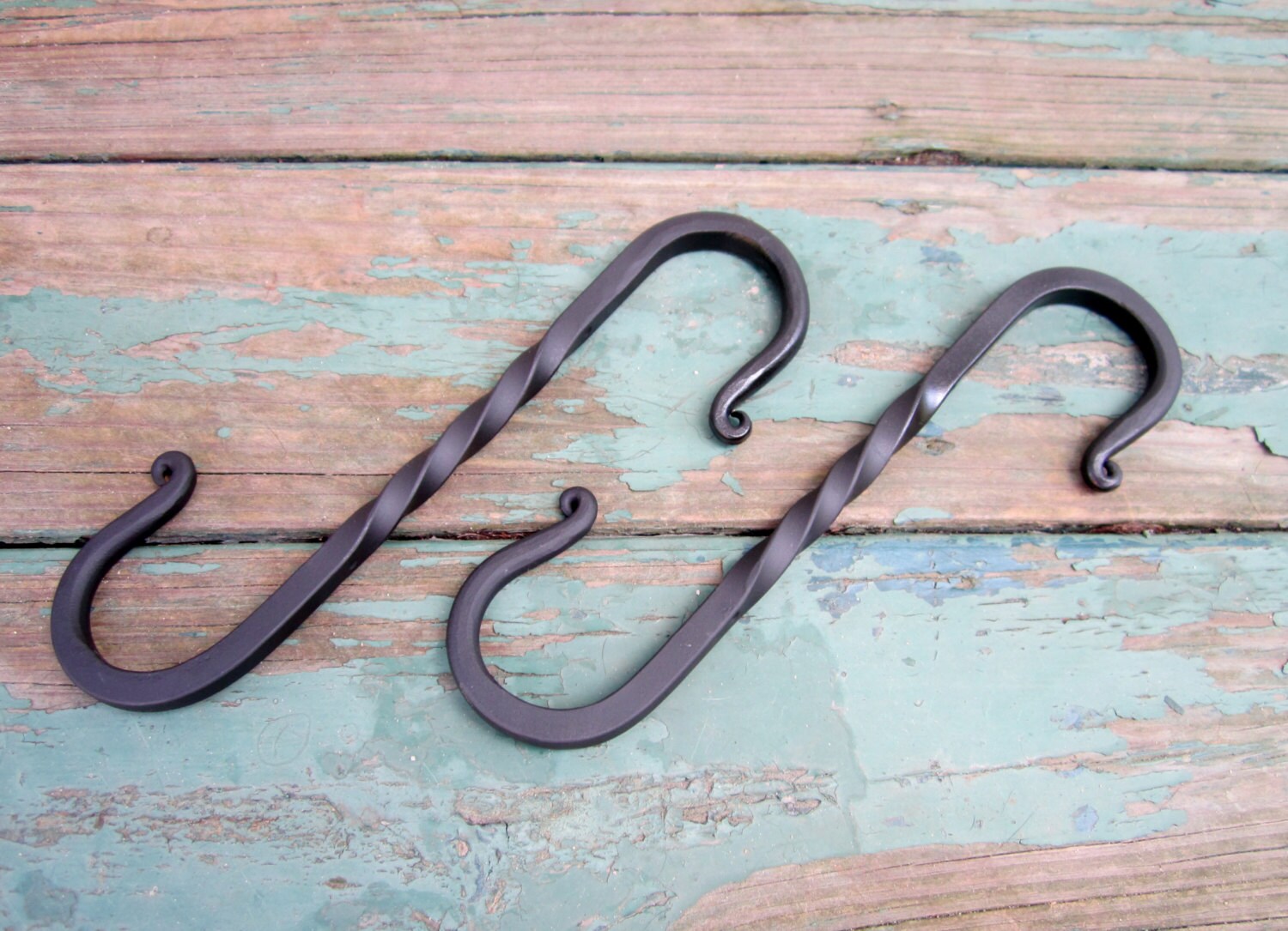 Pair of Large Hand Twisted Metal S Hooks finished in