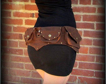 Brown canvas steampunk belt bag ~ vegan utility belt with pockets, brass ~ unisex men or women ~ cosplay money belt