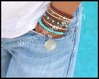 Boho LEATHER Wrap Bracelet - CASCADING Turquoise Toho Leather Gypsy Bohemian Triple Wrap Bracelet - Tibetan Accents - Stamp Disc Charm - 722