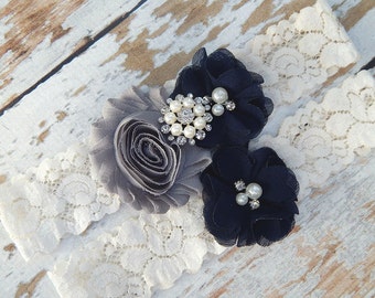 Gray and Navy Blue Garter Set , Wedding Garter , Garter Set , Garter , Toss Garter , Wedding Garter Set , Bridal Garter