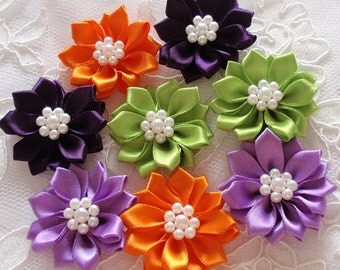 10 Handmade Ribbon Flowers With Leaves 1 inch With by Mydesign63