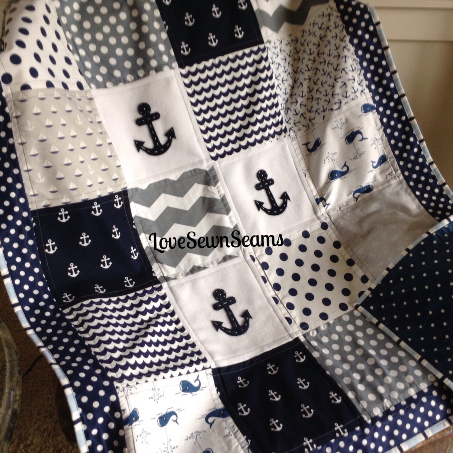 Anchor and Whimsical Whale quilt in Navy Gray & White