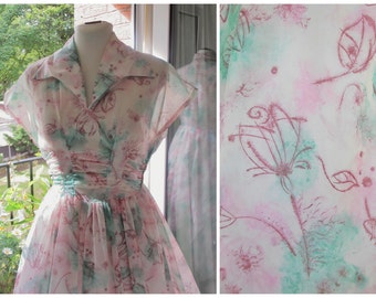 1950s Dress 50s Pink Green Floral Dress Sheer Nylon Organza Dress 1950s Full Skirt Ruched Dress S / M