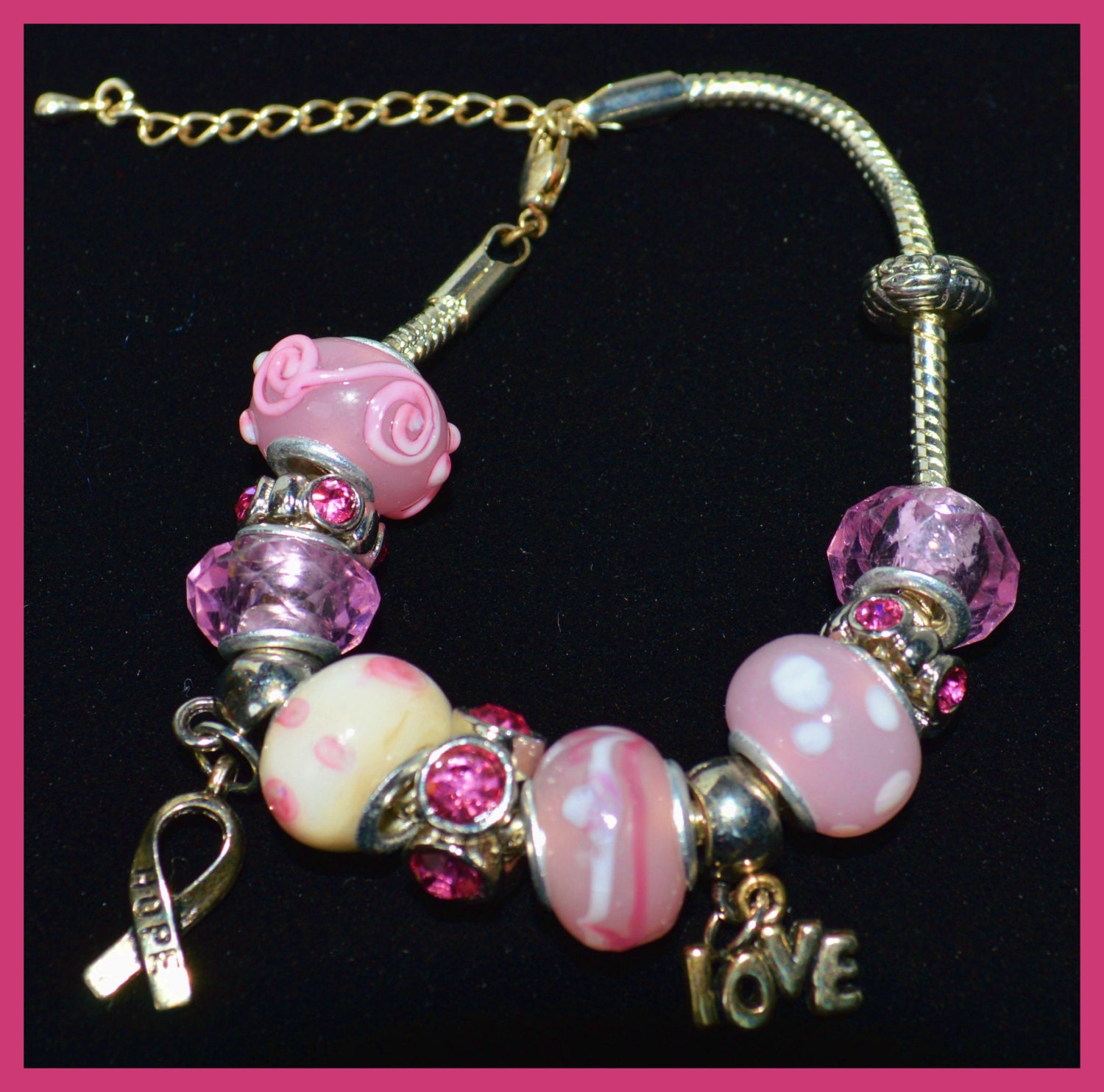 Breast Cancer Beaded Charm Bracelet by GusGusEnterprise on Etsy