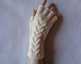 Handknitted cream color women fingerless gloves / wrist warmers with cables