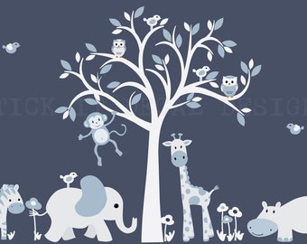 White Tree Wall Decal, Safari Animal Wall Decal, Jungle Animal wall decal, Hippo Wall Sticker, Denim, Barely White Denim Design