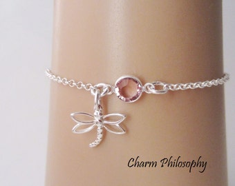 Dragonfly Bracelet or Anklet - Personalized Birthstone Bracelet - 925 Sterling Silver - Rolo Chain - Dainty Minimalist Bracelet