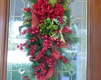 Berry Door Swag - Christmas Wreaths - Christmas Door Swag - Wreaths - Holiday Door Decor - Red and Green Hydrangeas - Holiday decorations