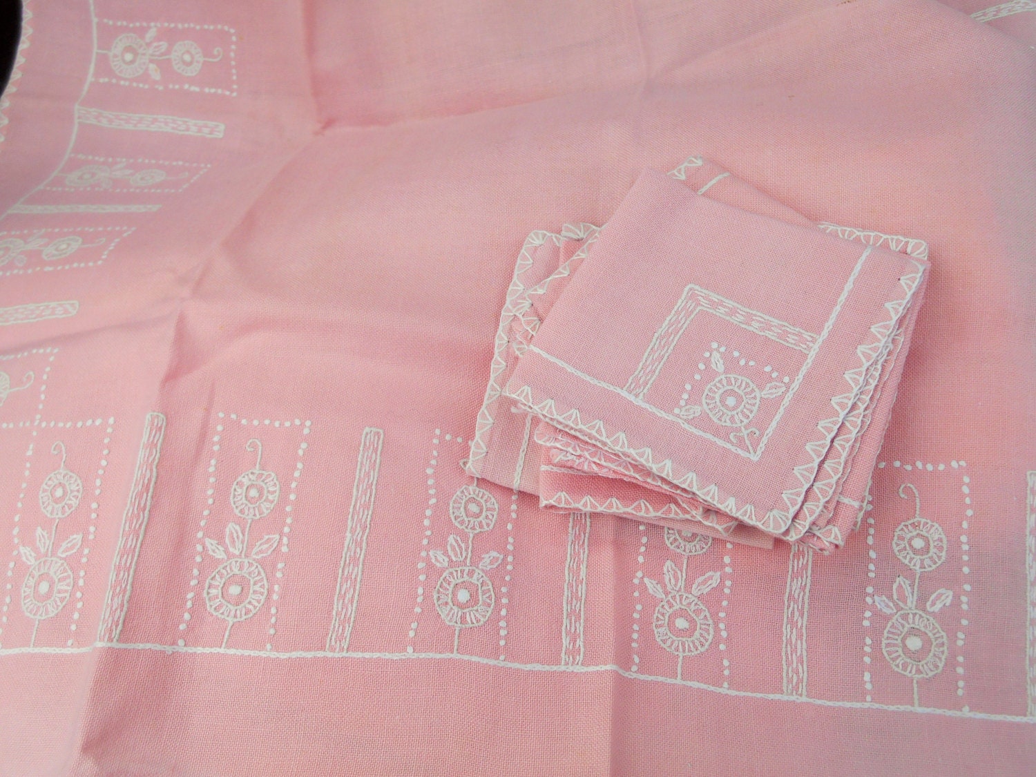 Pink Art Deco French Linen Tea Tablecloth 1930's Handmade