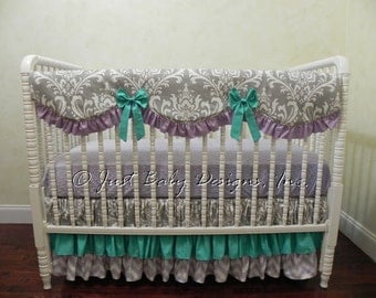 Bumperless Baby Crib Bedding Set Wanda - Lavender and Gray Baby Girl Bedding, Teal Crib Bedding, Scalloped Rail Guard, Ruffle Crib Skirt