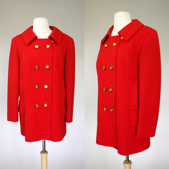 1970s red wool pea coat multiple pocket gold button winter