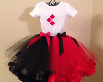 Harley Quinn Costume, White Onsie/Shirt Red-Black Striped Tutu Outfit For Baby/Toddler/Girls