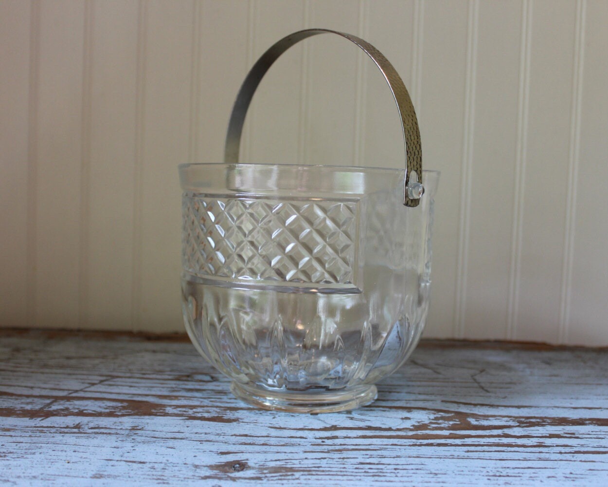 Vintage Pressed Glass Ice Bucket w/ Silver Tone Hammered Metal