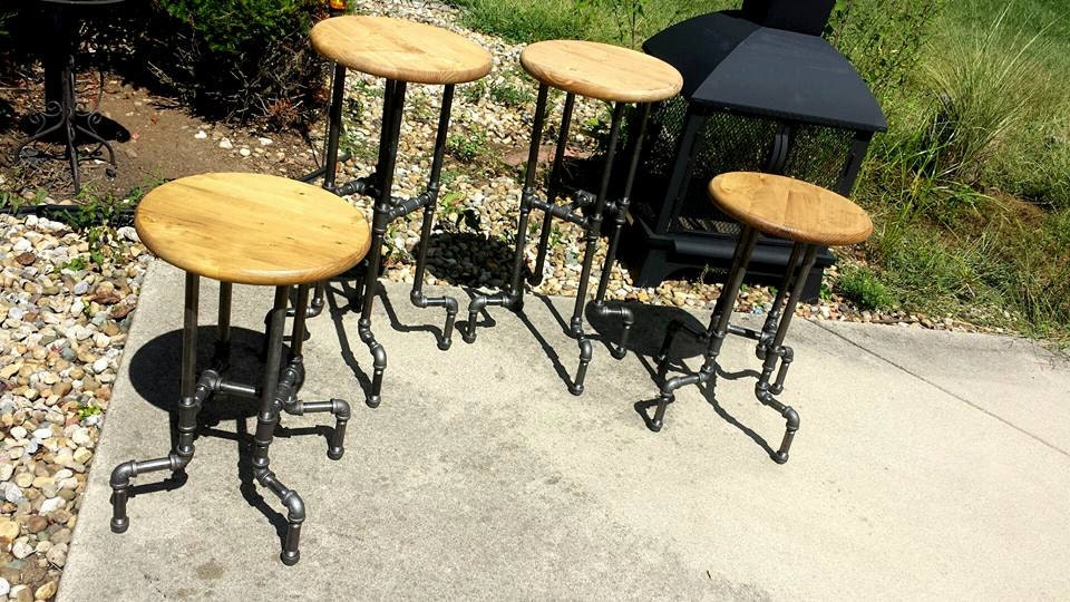 INDUSTRIAL Metal Pipe BAR STOOL Set Of Four Golden Oak Stained
