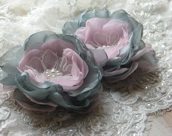 Set of 2 hair flowers Pink grey hair flower Pink grey wedding Grey hair flower Pink hair pin Grey pink hair accessory Wedding pink flower