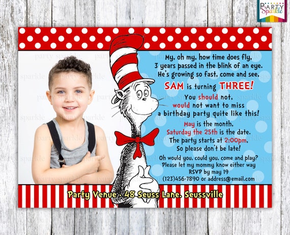 PRINTABLE Cat in the Hat Birthday Invite Personalized