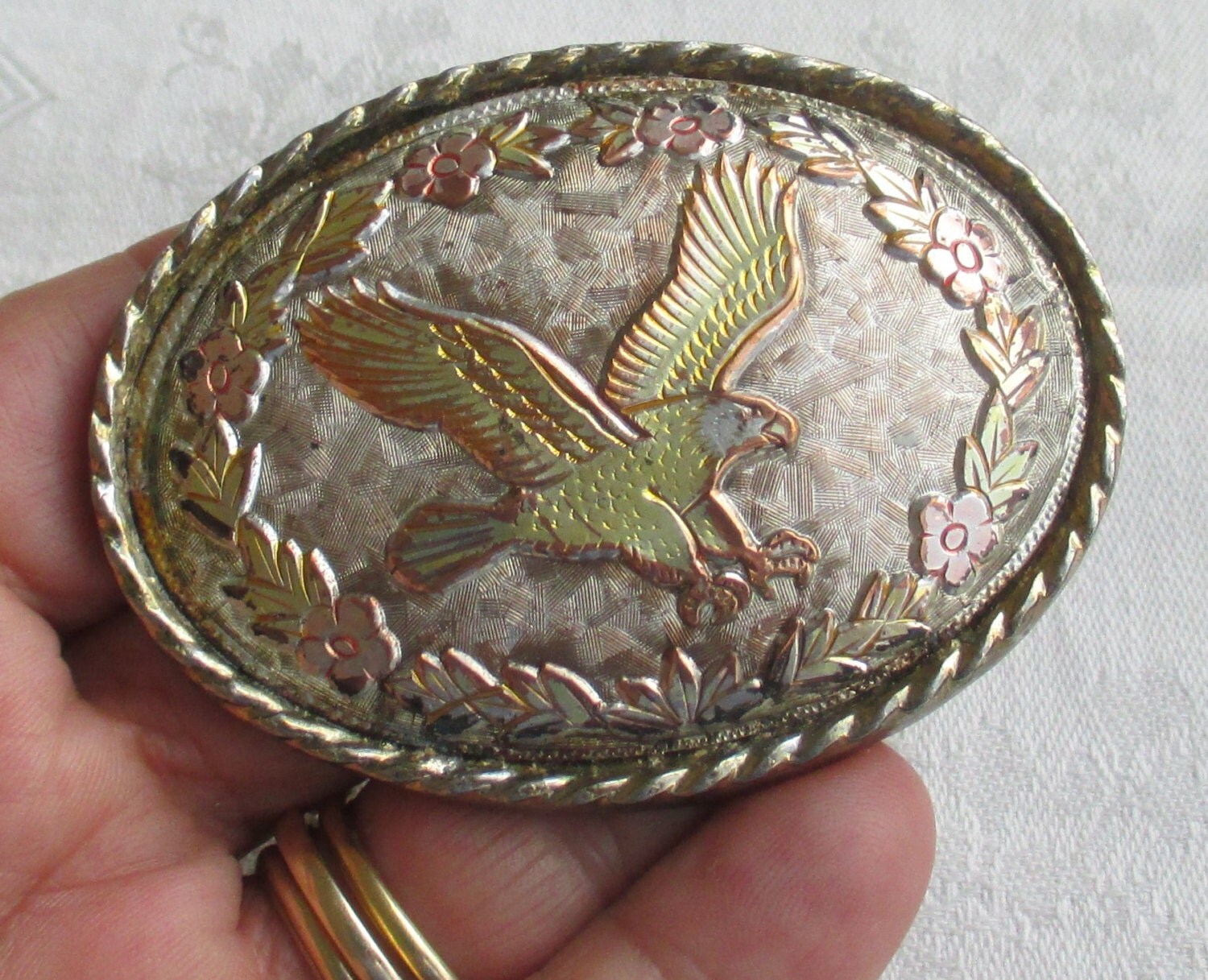 Vintage Eagle Oval Shaped Metal Belt Buckle Marked W USA