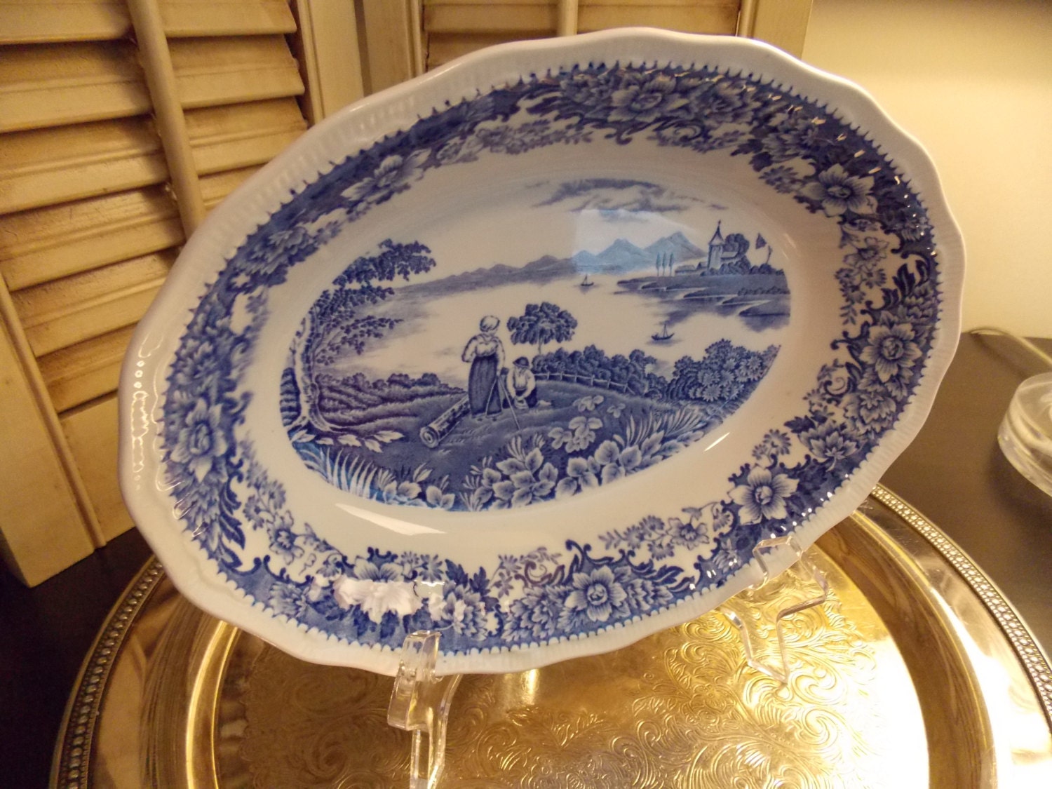 BLUE TRANSFER WARE Oval Bowl, Blue Transfer Ware Serving Vegetable Dish ...