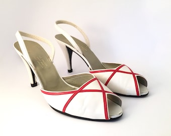 CHRISTIAN DIOR!!! Striking 1980s ‘Christian Dior’ white leather peep toe sling-backs with red criss cross design / Made in France