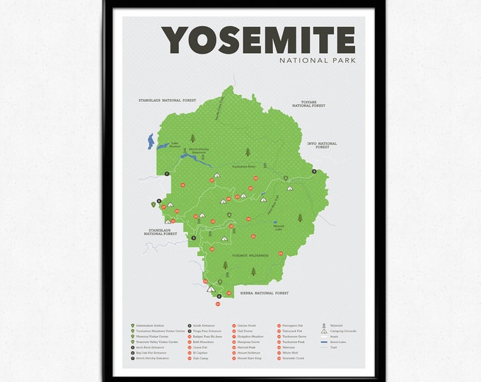 Yosemite National Park Map, Yosemite, Outdoors print, Explorer Wall Print