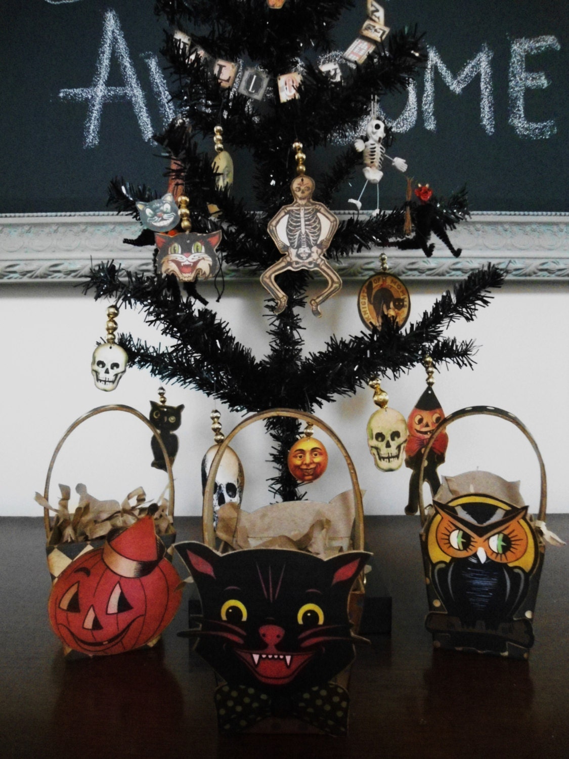 Vintage Halloween Ornaments Tinsel Tree Cats by SnibbleQueen