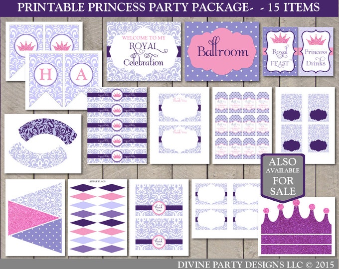 SALE INSTANT DOWNLOAD Princess Happy Birthday Banner / Printable / Crown / Flag Banner / Pink and Purple Princess Collection / Item #301