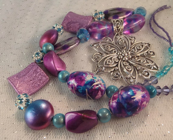 Purple & Aqua Silver Flower Necklace with Swarovski Crystals