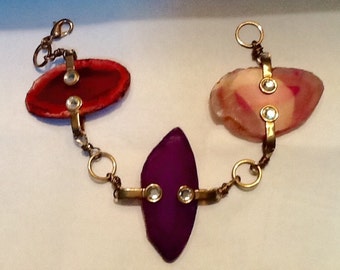 Vintage Agate Chain Link Bracelet / Abstract / Boho / Avant Garde / Retro / High Fashion / Link Bracelet / Hipster