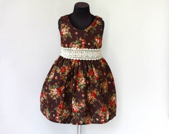 Fall wedding flower girl dress, rustic style dress, Linen and lace dress, floral dress shabby chic girl's dress