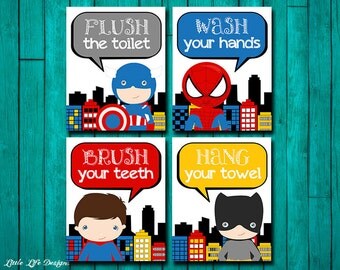 Superhero Bathroom Wall Art. Superhero Bathroom Decor. Superhero Signs. Superhero Decor. Boys Bathroom Decor. Brush. Wash. Flush. Hang.