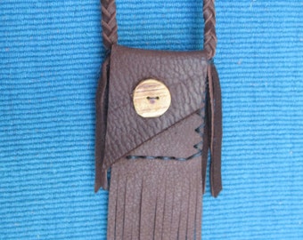 Neck Pouch with Fringe in Brown Deerskin with Cedar Button, Braided Strap
